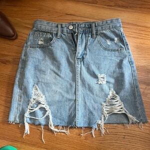 Distressed Light Blue Denim Mini Skirt - Women's